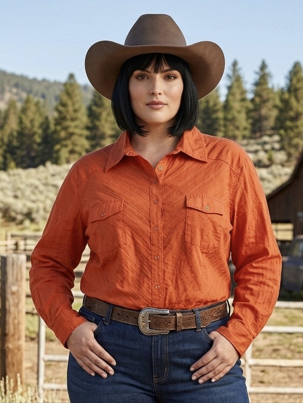 Encore Orange Button-Down Western Shirt, Plus Size  22 (1X/2X)